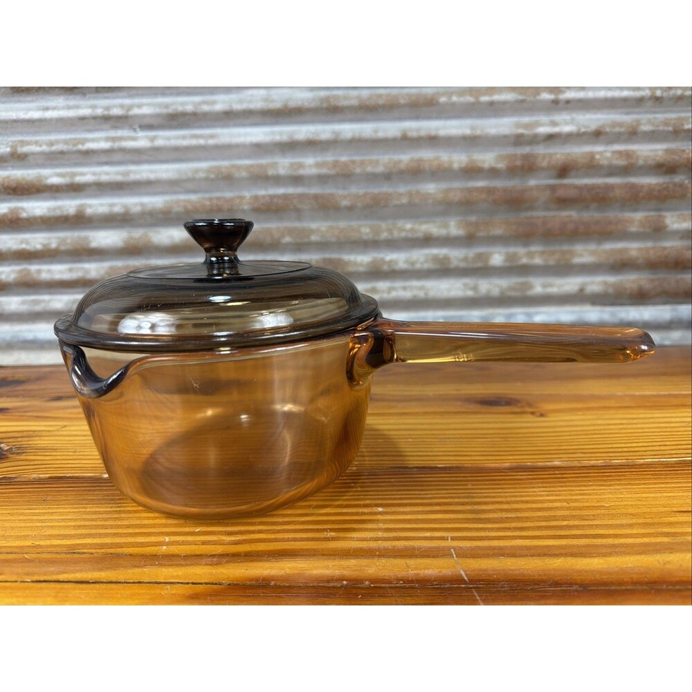 Vision Corning Ware Pyrex 1L 6" Amber Glass Sauce Pot W/Lid/Pour Spout USA Nice